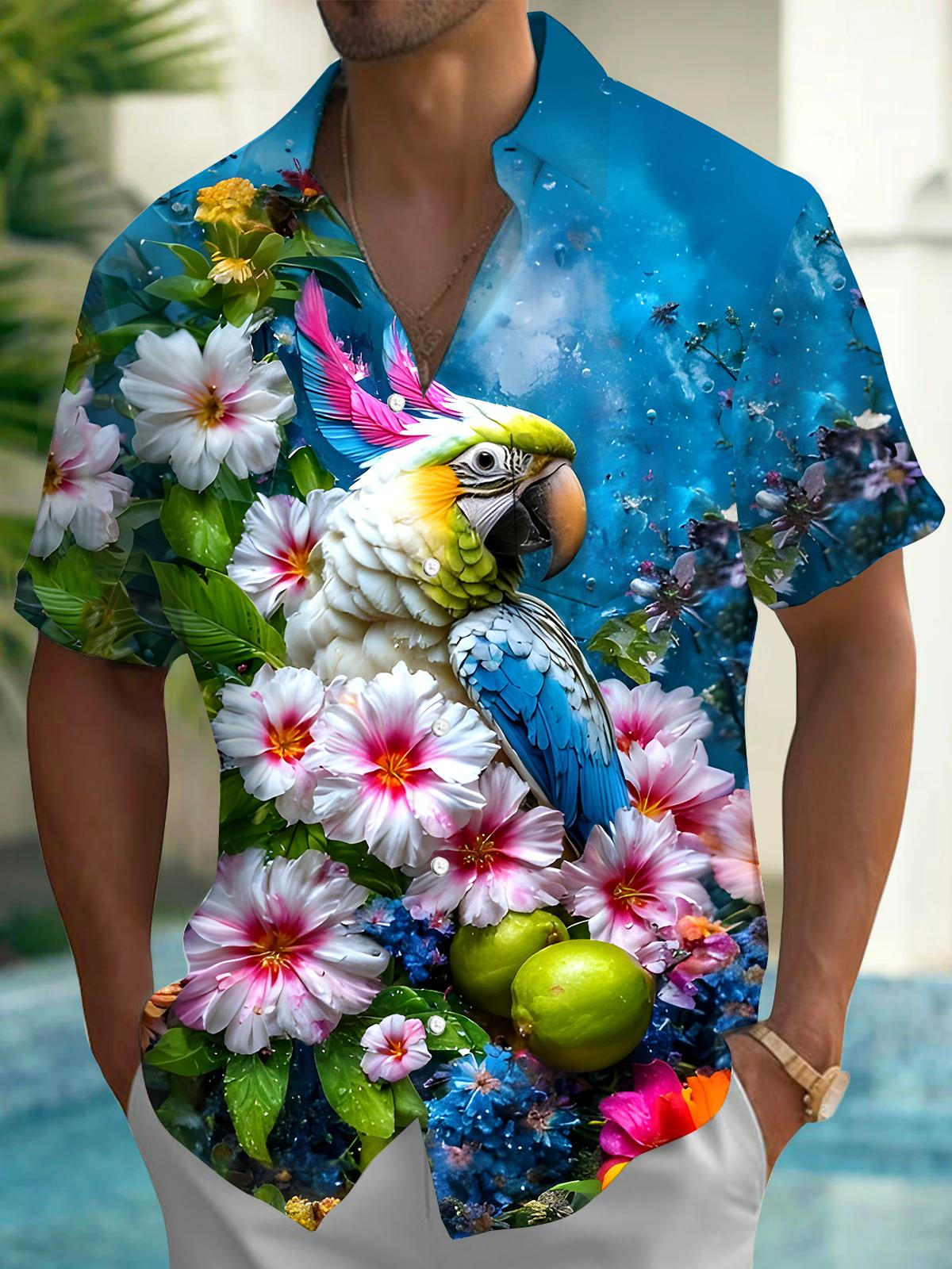 Hawaiian Parrot Floral Men's Pocket Short Sleeve Shirts