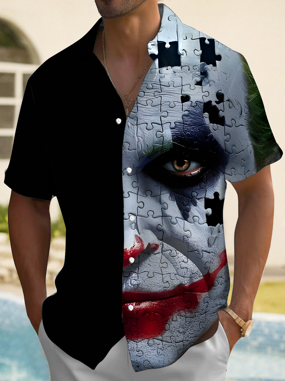 Funny Puzzle Joker Halloween Men's Pocket Short Sleeve Shirts