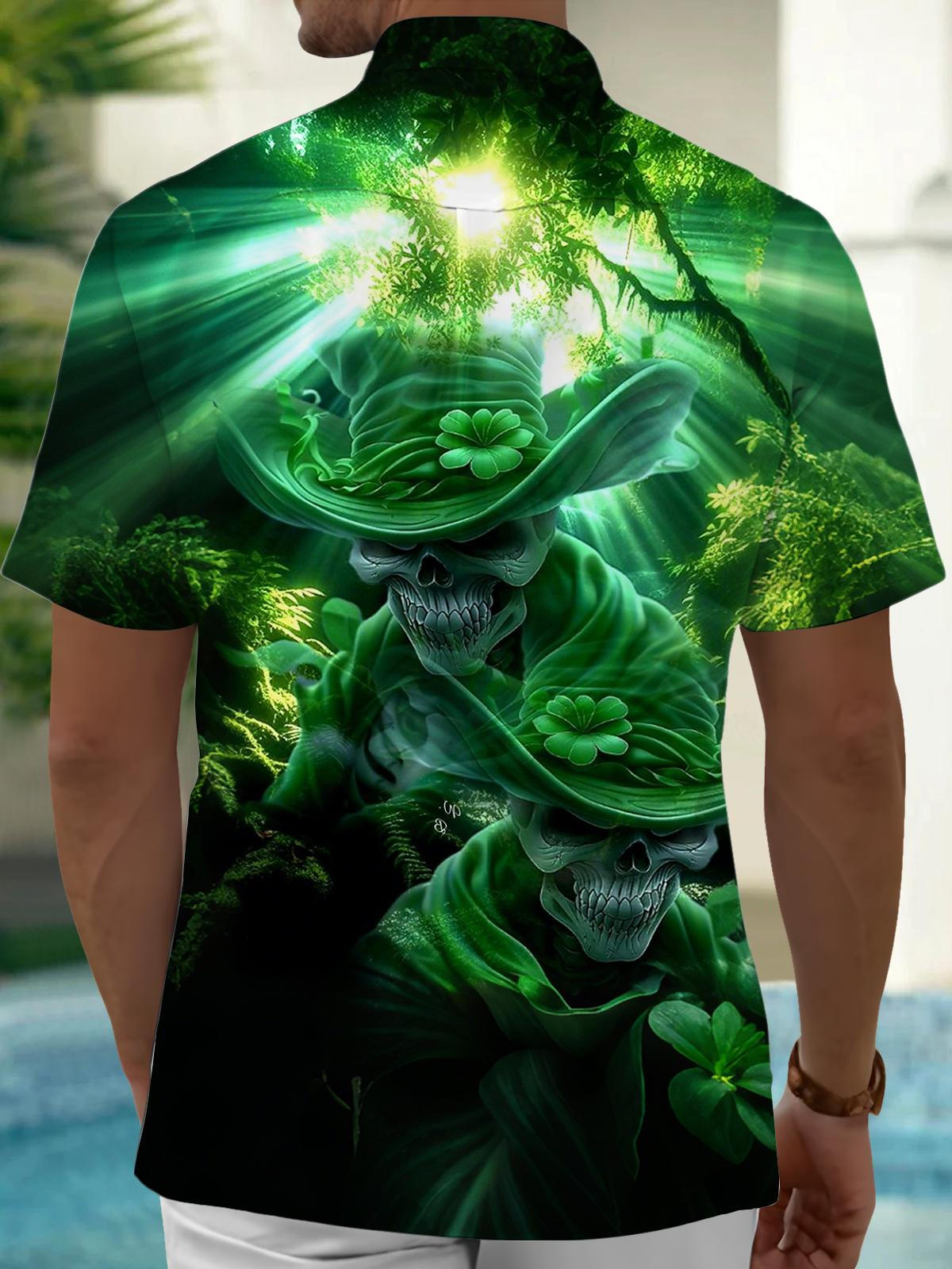 St. Patrick's Day Skull Print Men's Pocket Short Sleeve Shirts