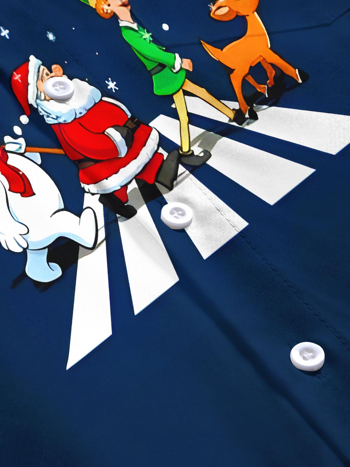 Fun Christmas Snowman Reindeer Santa Claus Crossing Street Xmas Men's Pocket Short Sleeve Shirts