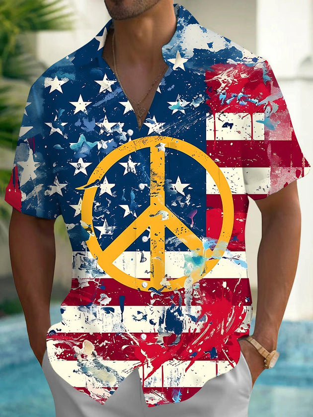 Independence American Flag Hippie Men's Pocket Short Sleeve Shirts