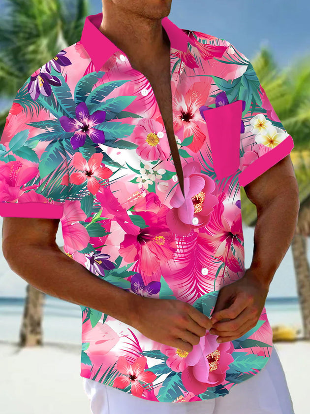 Men's floral print pocket short sleeve shirt front view
