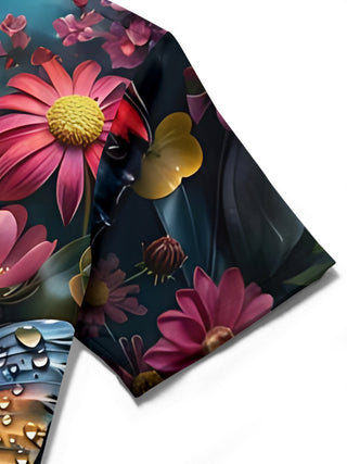 Men's short sleeve butterfly floral print shirt close-up detail