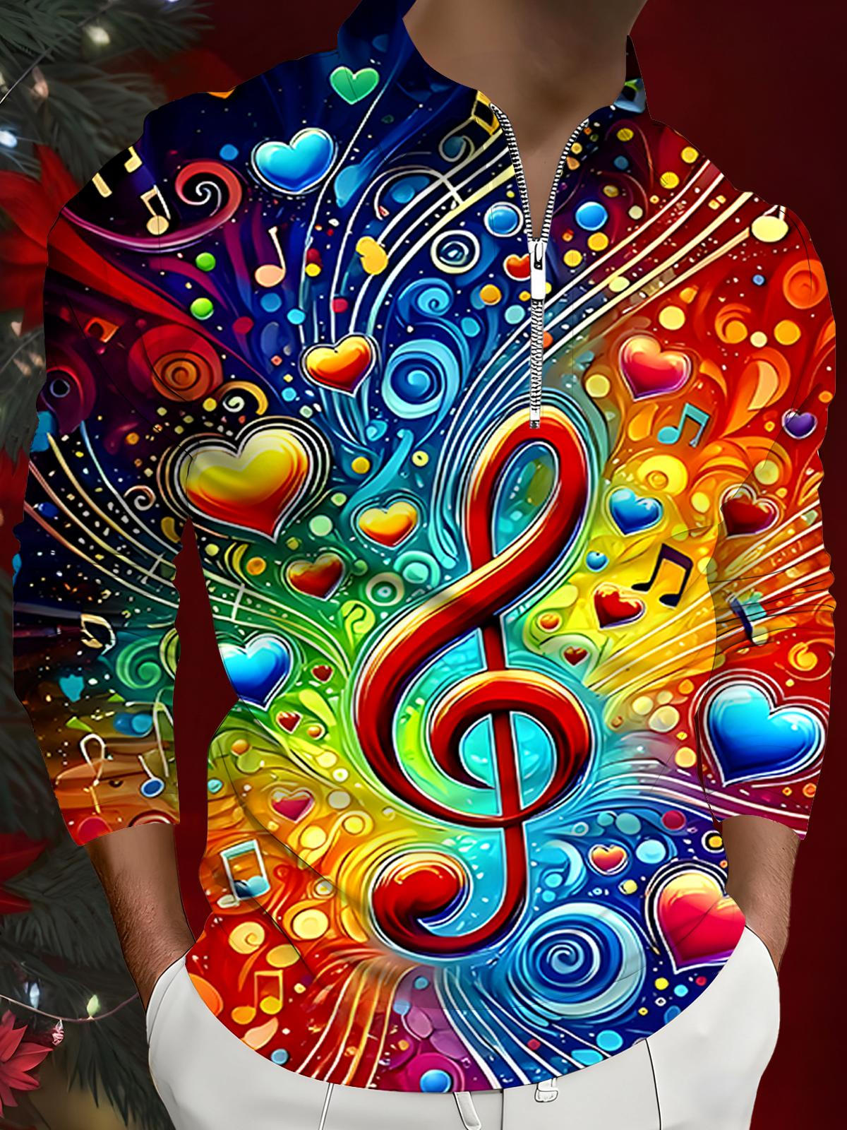 Musical Note Men's Long Sleeve Zipper Polo