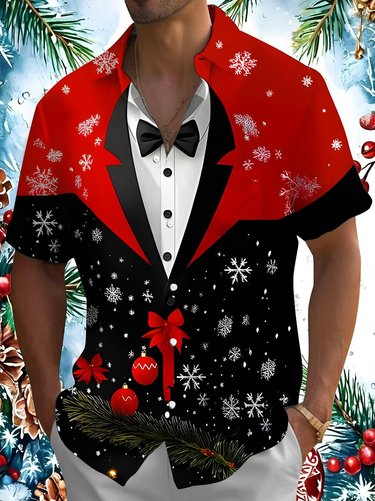 Funny Christmas Snowflake Color Block Xmas Men's Pocket Short Sleeve Shirts