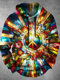 Peace Sign Floral Long Sleeve Hooded Pocket Men's Top