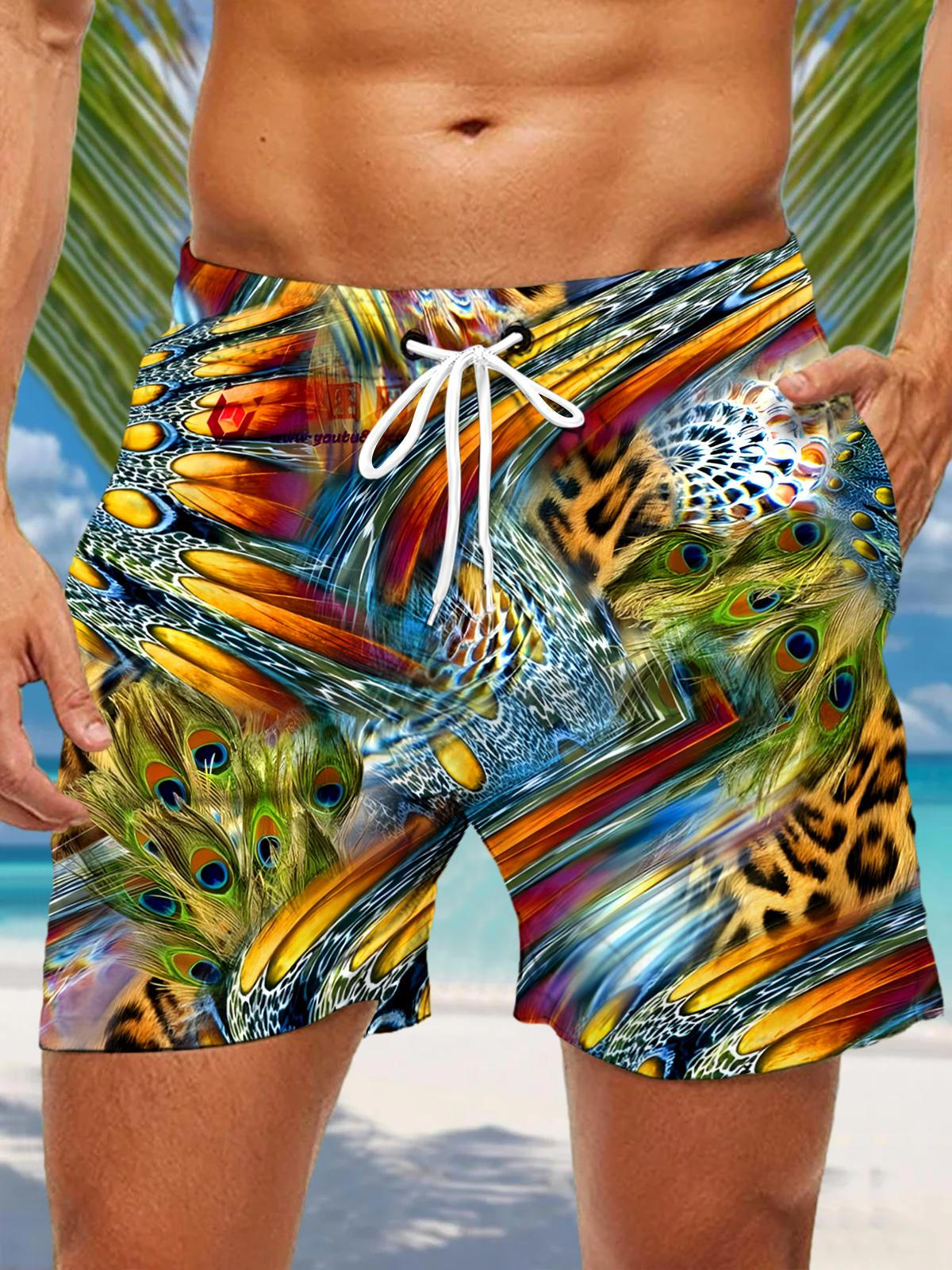 Leopard Peacock Feather Men's Print Pocket Shorts