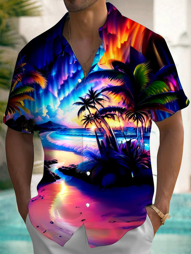 Men's tropical Hawaiian coconut tree print short sleeve shirt front view for beach vacation