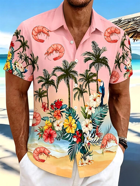 Hawaiian Tropical Shrimp Palm Parrot Floral Vacation Men's Pocket Short Sleeve Shirts