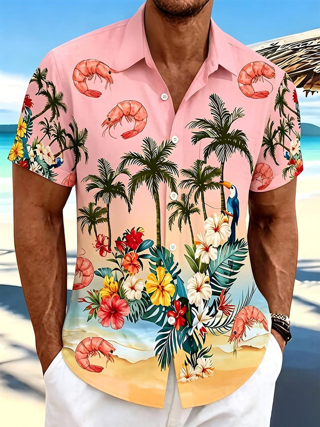 Hawaiian Tropical Shrimp Palm Parrot Floral Vacation Men's Pocket Short Sleeve Shirts