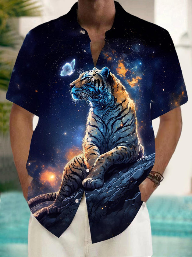 Men's short sleeve shirt with tiger butterfly pattern front view