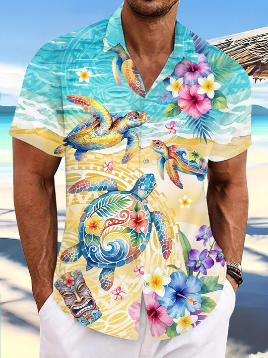 Hawaiian Turtle Tiki Flower Print Men's Pocket Short Sleeve Shirts