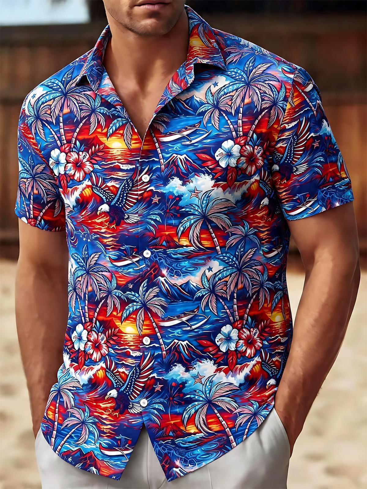 Men's American flag eagle palm tree Hawaiian print short sleeve shirt front view for Independence Day