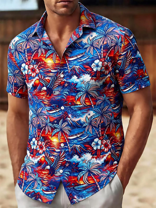 Men's American flag eagle palm tree Hawaiian print short sleeve shirt front view for Independence Day
