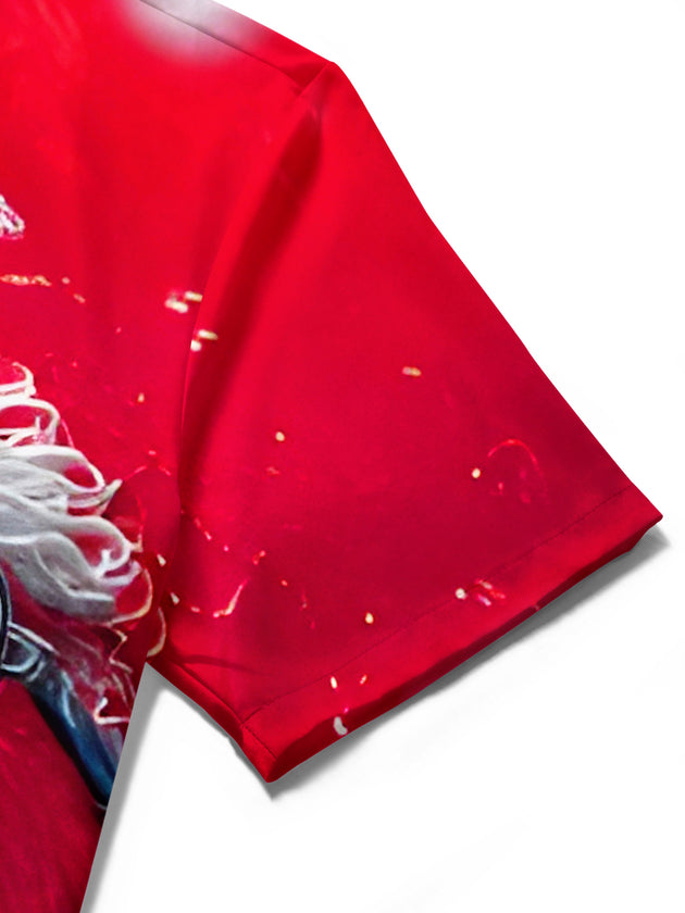 Men's yawning Santa Claus short sleeve shirt close-up fabric texture