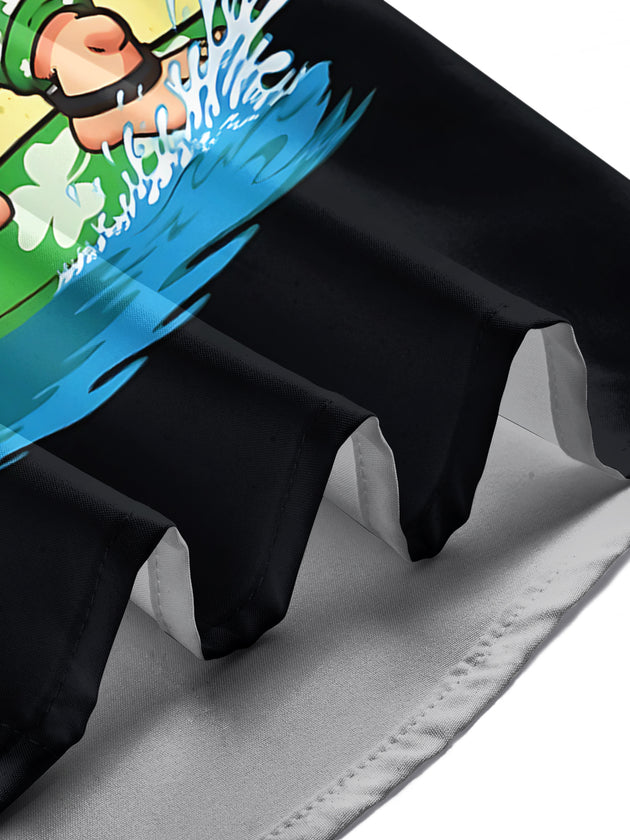 Hawaiian St. Patrick's Day Leprechaun Surfing Print Men's Pocket Short Sleeve Shirts