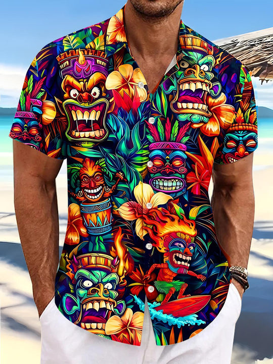 Hawaii Neon Colorful Tiki Mask Tropical Men's Pocket Short Sleeve Shirts