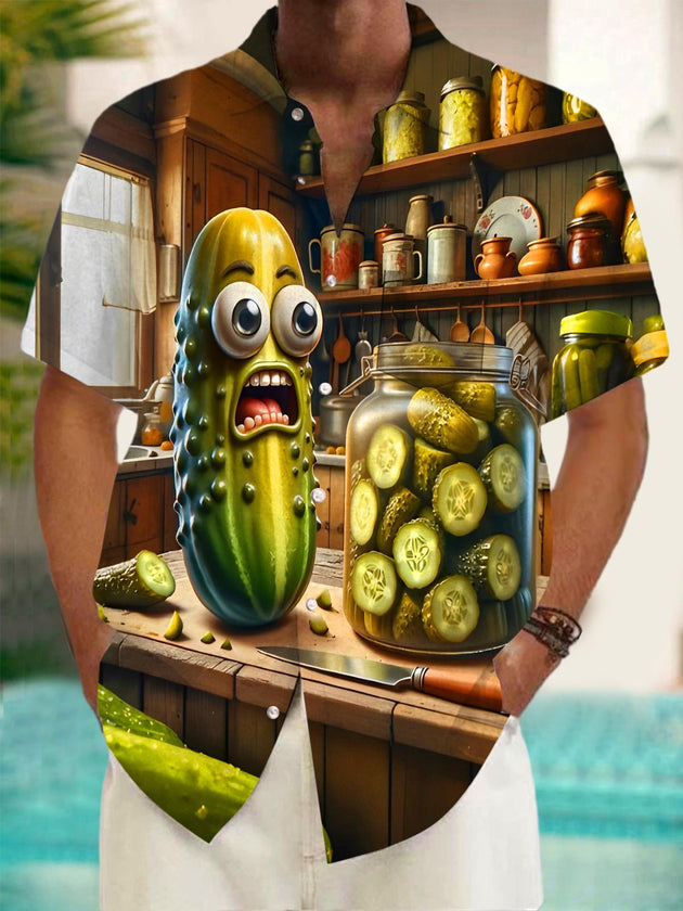 Men's funny cucumber pattern short sleeve shirt front view