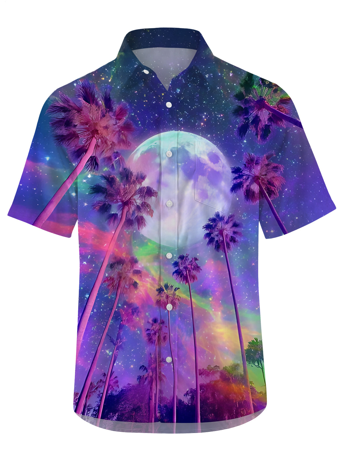 Night Sky Moon Palm Print Men's Pocket Short Sleeve Shirts