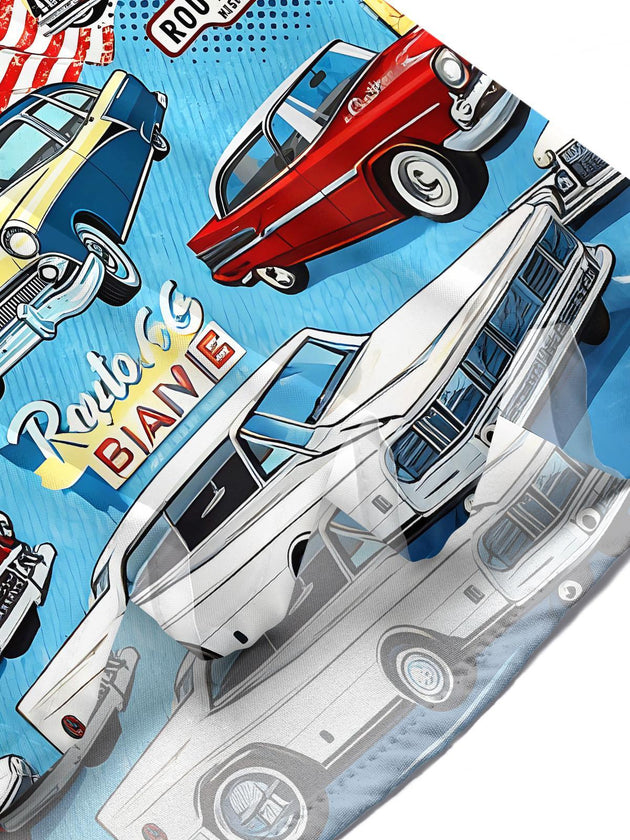 Route 66 Vintage Car American Flag Independence Day Men's Pocket Short Sleeve Shirts