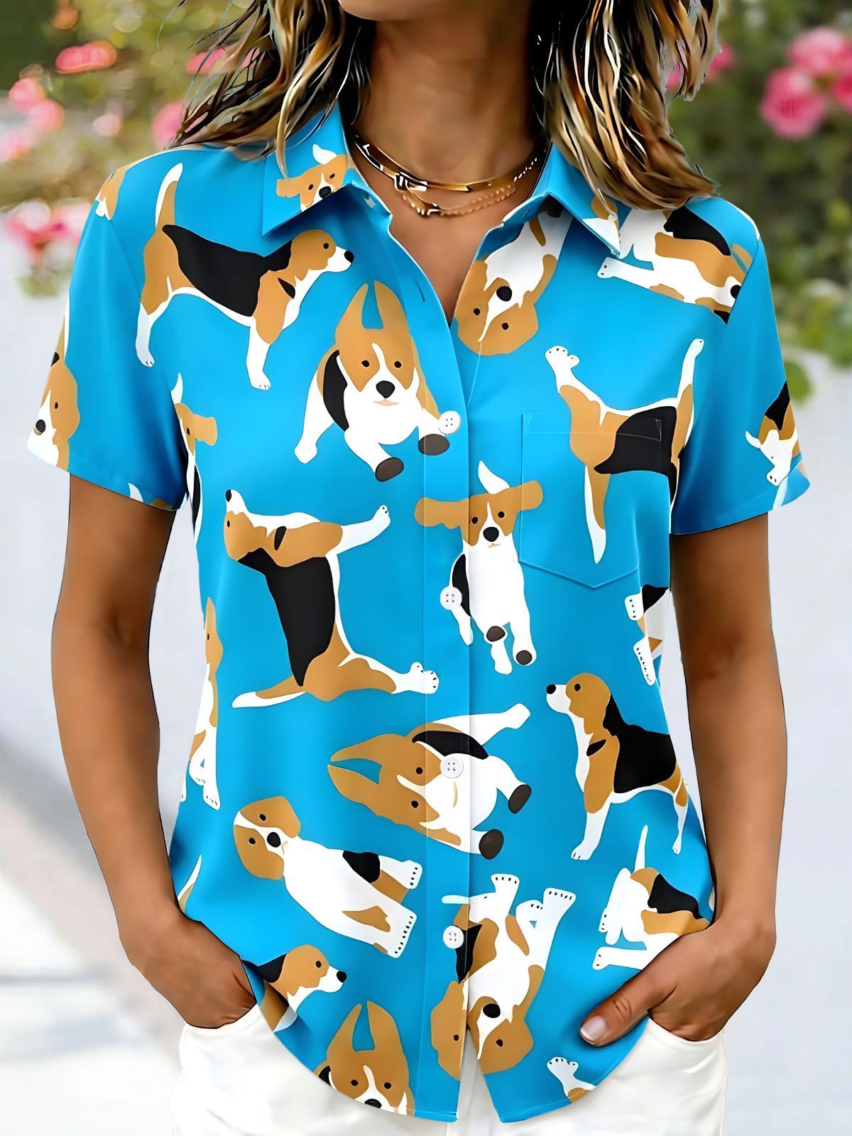 women's short sleeve animal dog print shirt front view