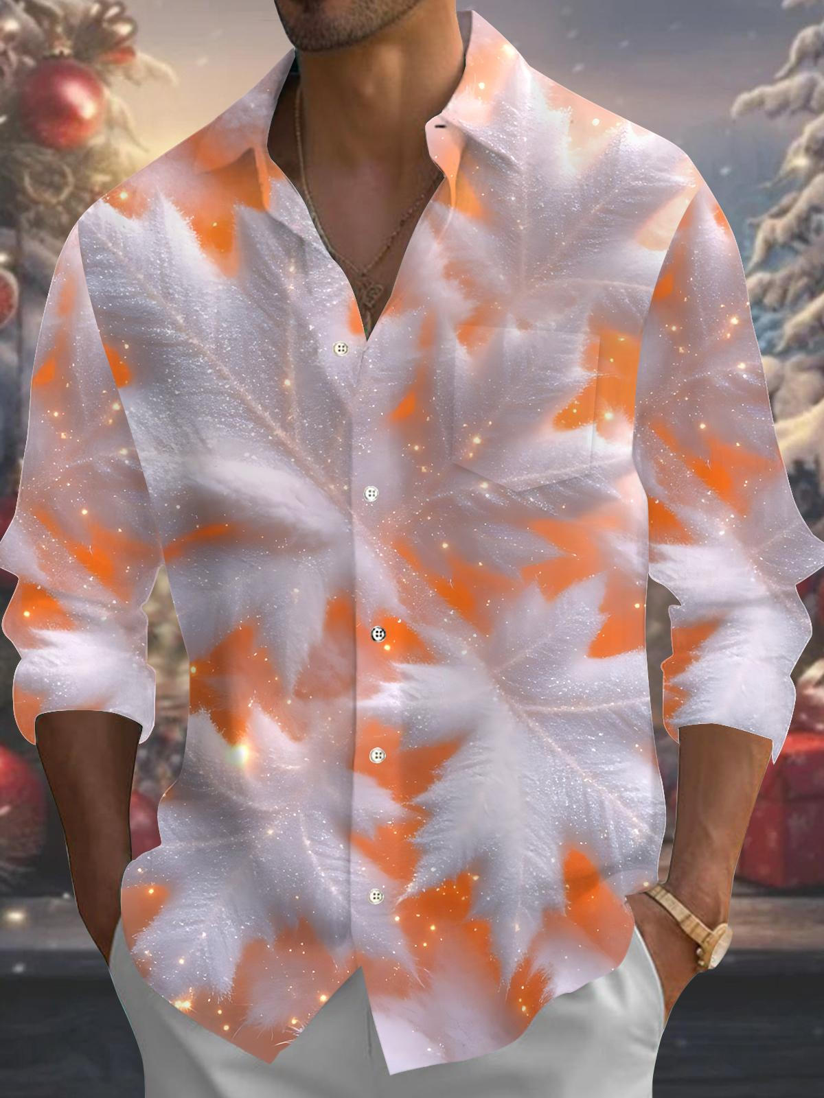 Winter Frosty Maple Leaf Print Men's Pocket Long Sleeve Shirts