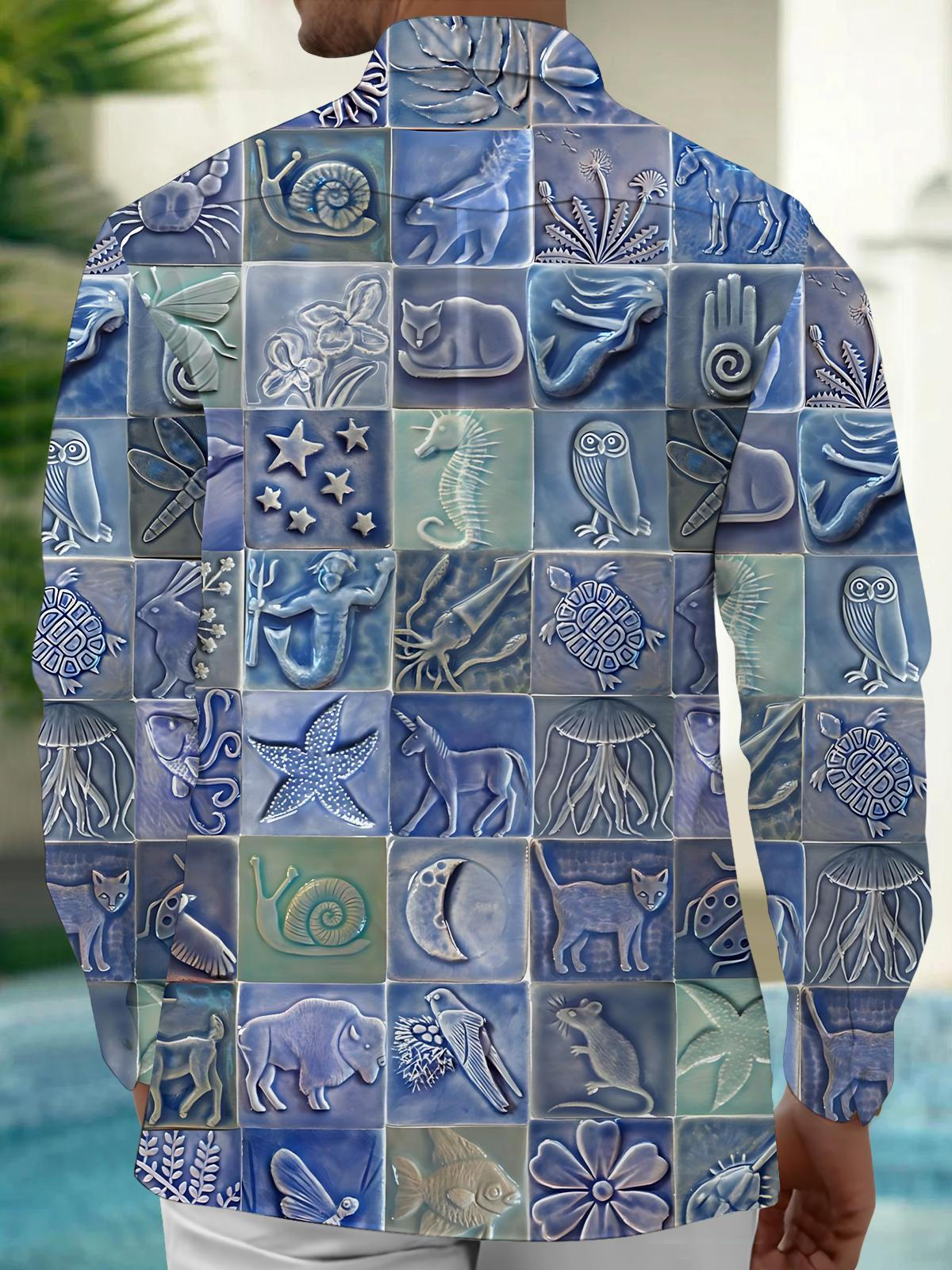 Ocean Art Print Men's Pocket Long Sleeve Shirts