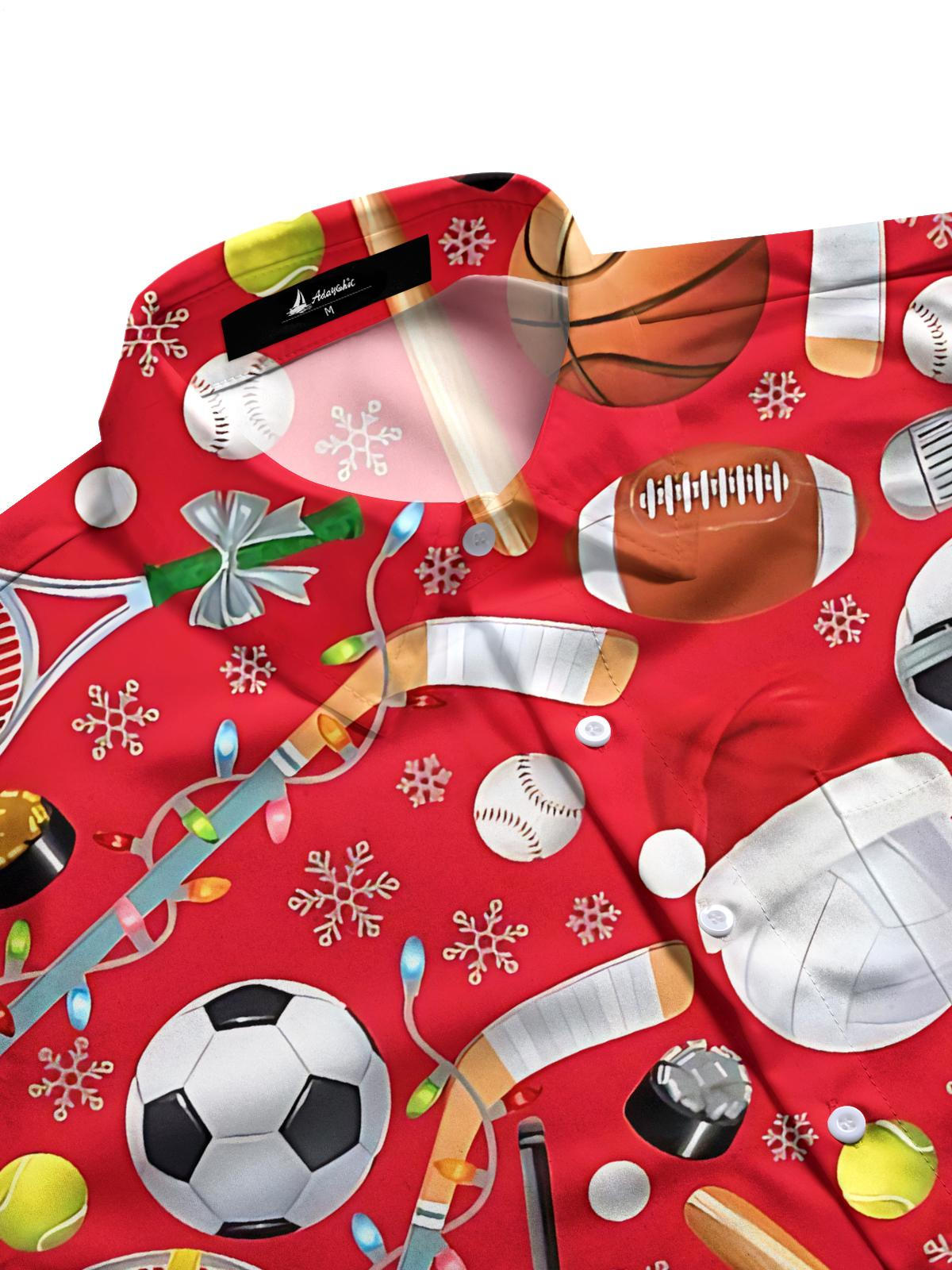 Sports Ball Christmas Snowflake Print Men's Pocket Short Sleeve Shirts