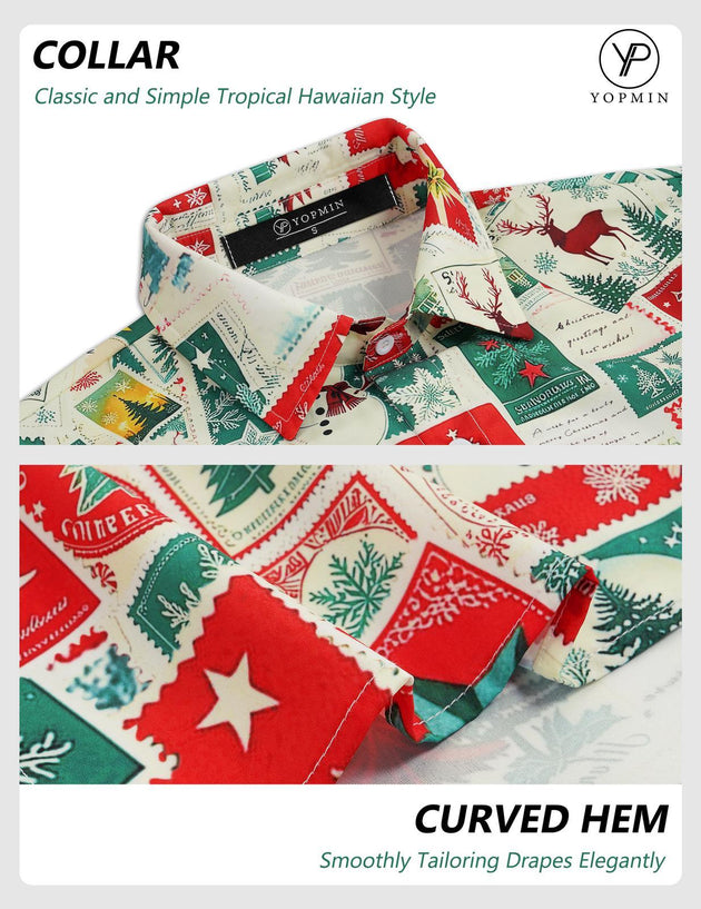 Adaychic Men Christmas Shirt Button Down Vintage Stamp Christmas Print Lapel Collar Button Down Shirts for Beach Vacation Travel sturdy