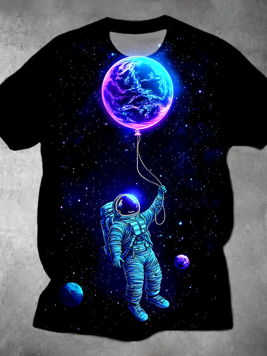 Men's black astronaut balloon graphic short sleeve t-shirt front view