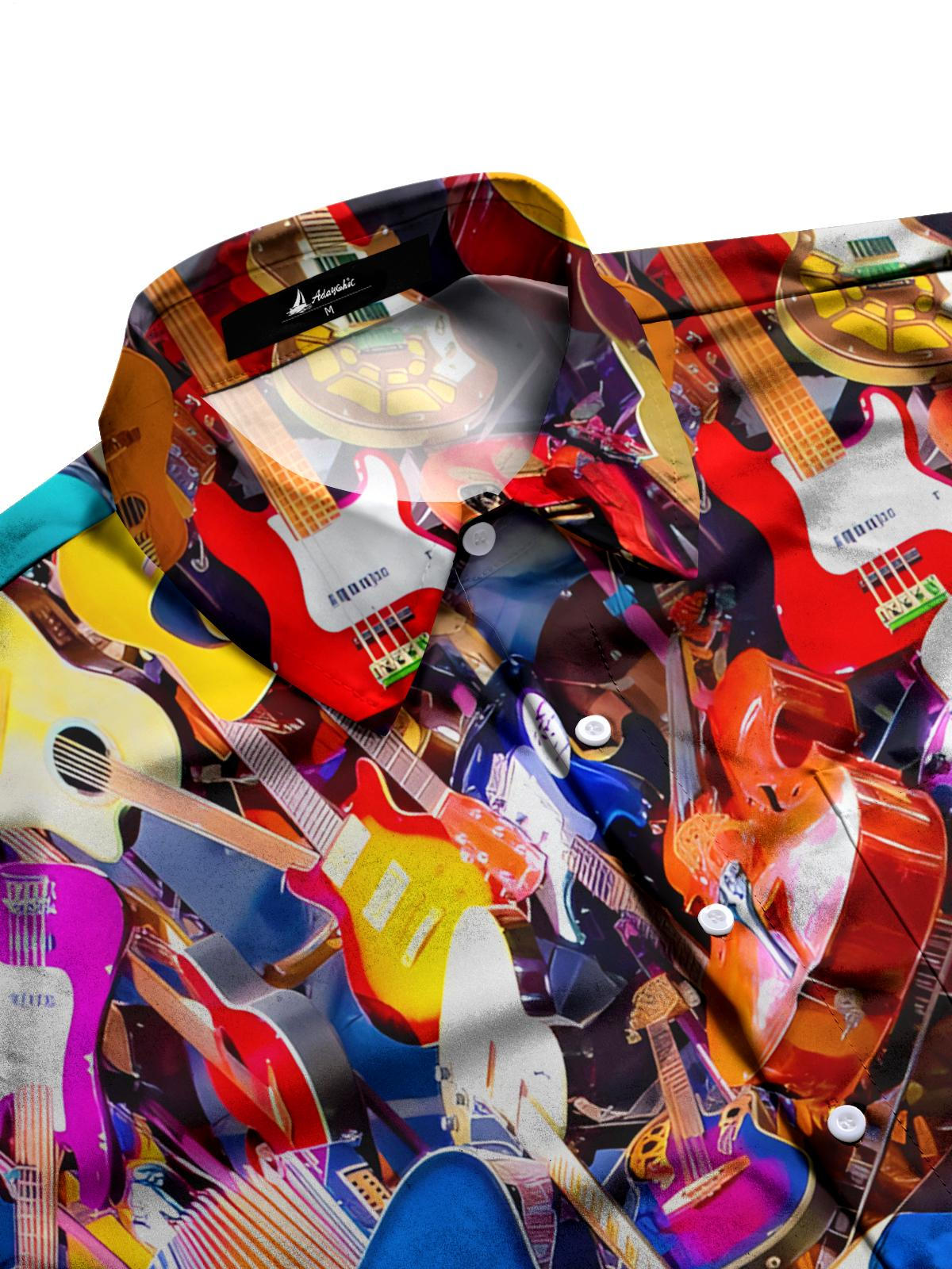 Musical Instrument Print Men's Pocket Short Sleeve Shirts