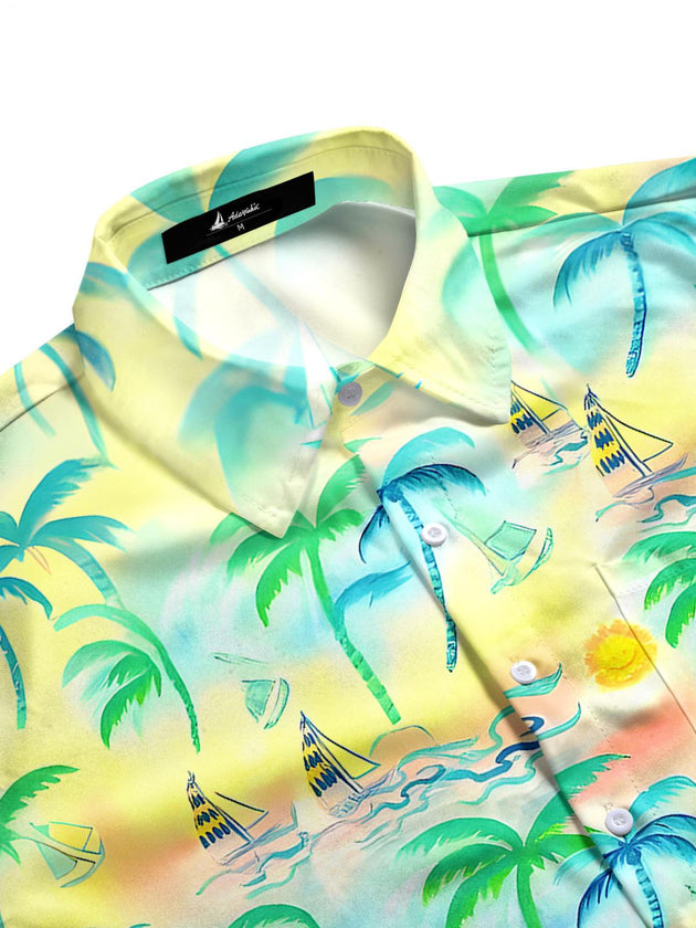 Men's tropical aloha short sleeve shirt side view with tie dye pattern