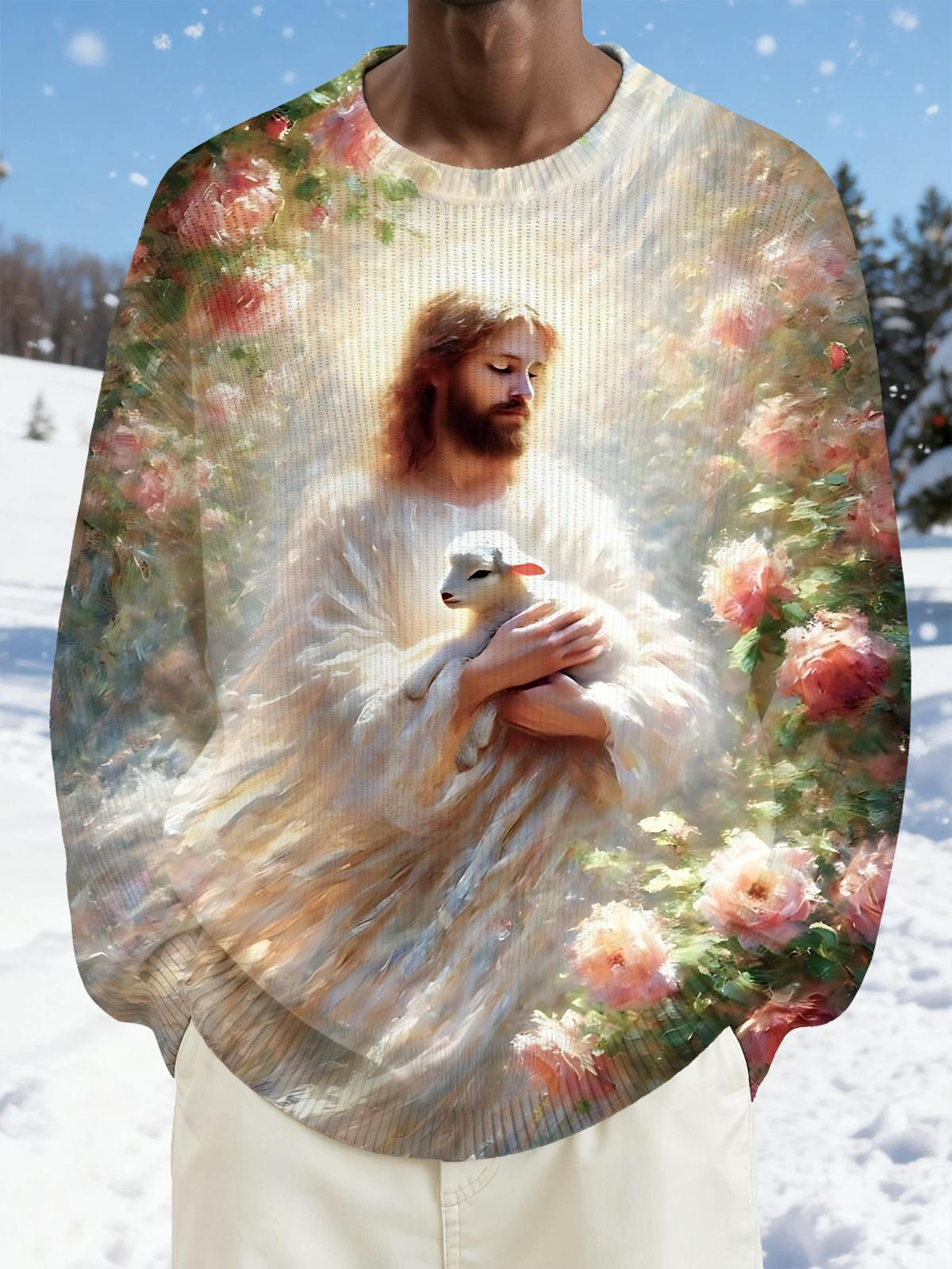 Jesus Floral Print Men's Long Sleeve Round Neck Tops