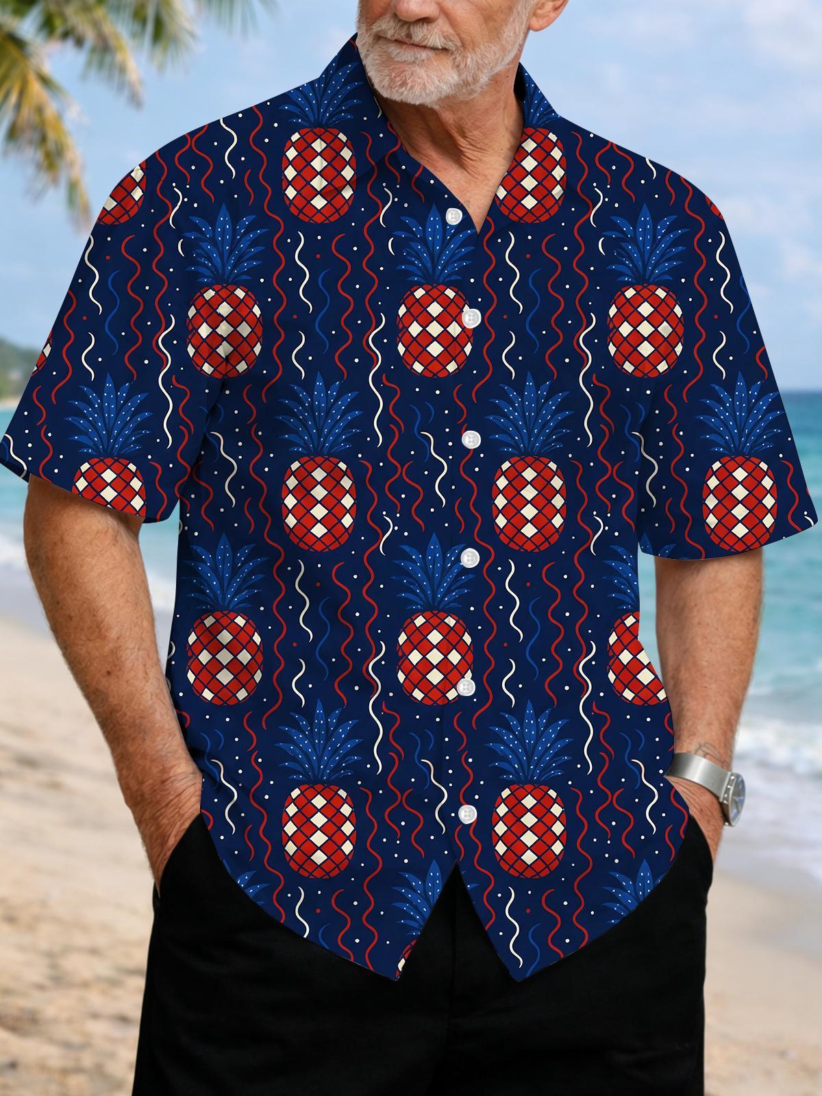 Men's American flag pineapple print short sleeve shirt front view for Independence Day