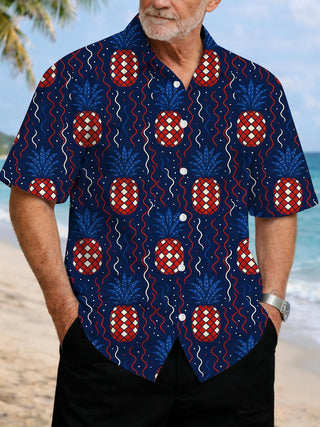 Men's American flag pineapple print short sleeve shirt front view for Independence Day