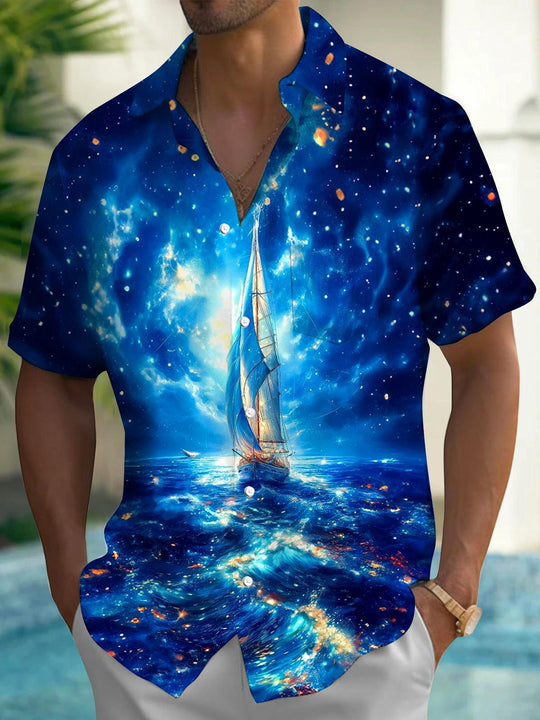men's Hawaiian shirt front view tropical beach vacation