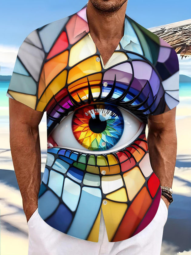 Men's short sleeve shirt with eye print pattern front view