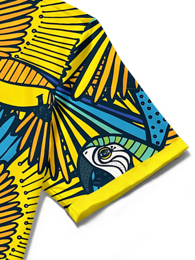 men's parrot print shirt close-up short sleeve
