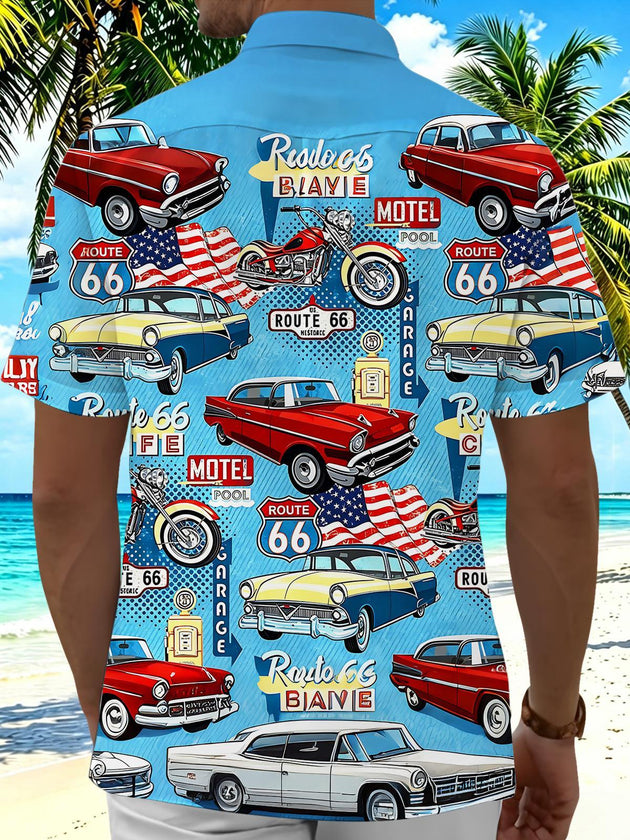 Route 66 Vintage Car American Flag Independence Day Men's Pocket Short Sleeve Shirts
