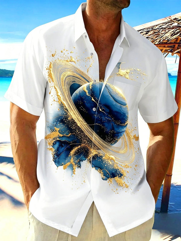 men's blue art print shirt front view