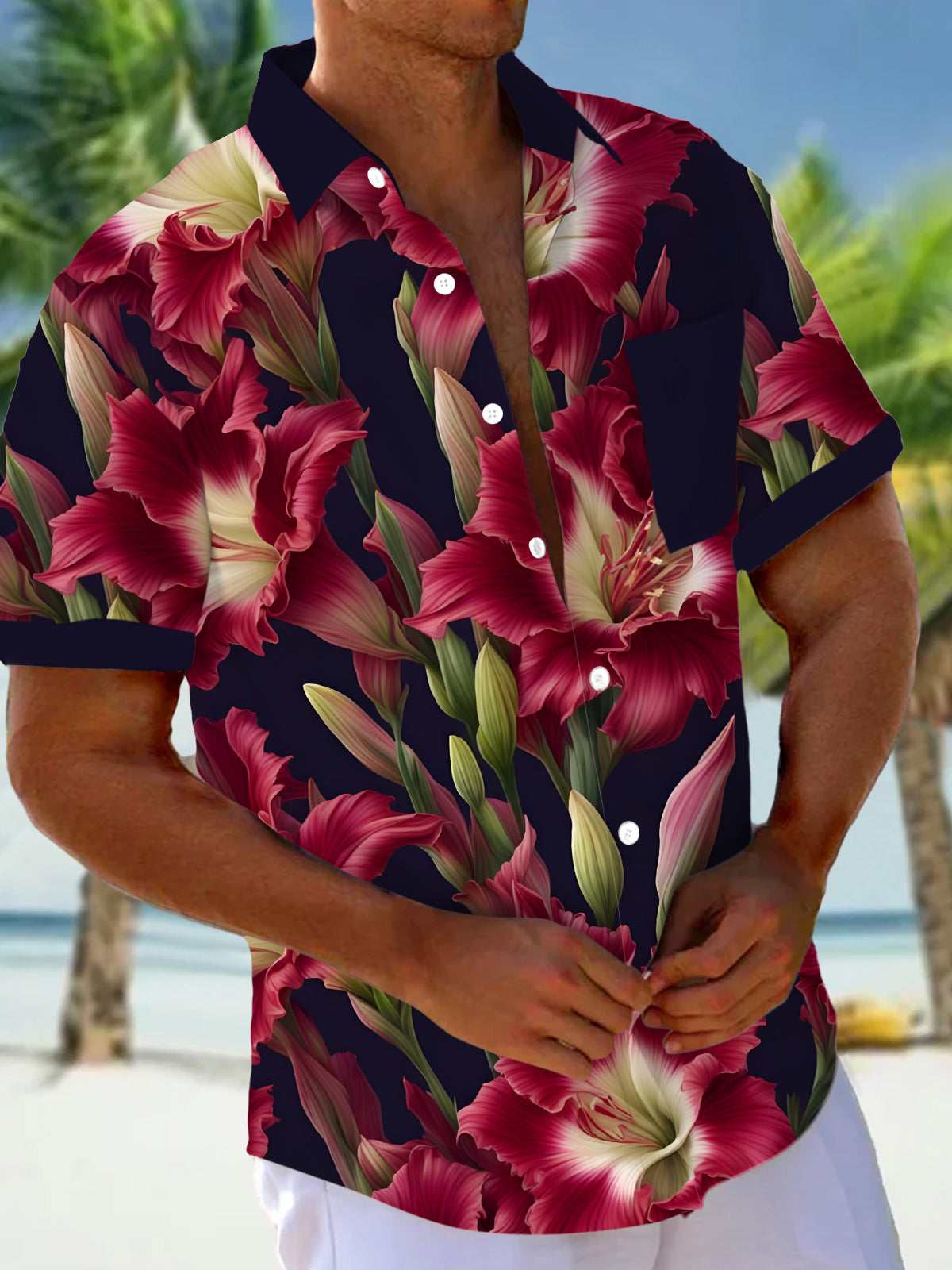 Floral Print Men's Pocket Short Sleeve Shirts