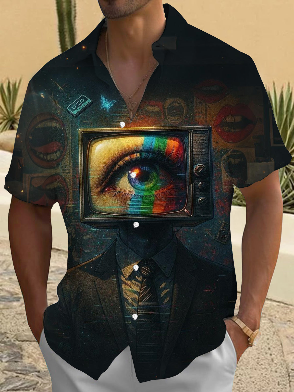 Vintage TV Eye Print Men's Pocket Short Sleeve Shirts