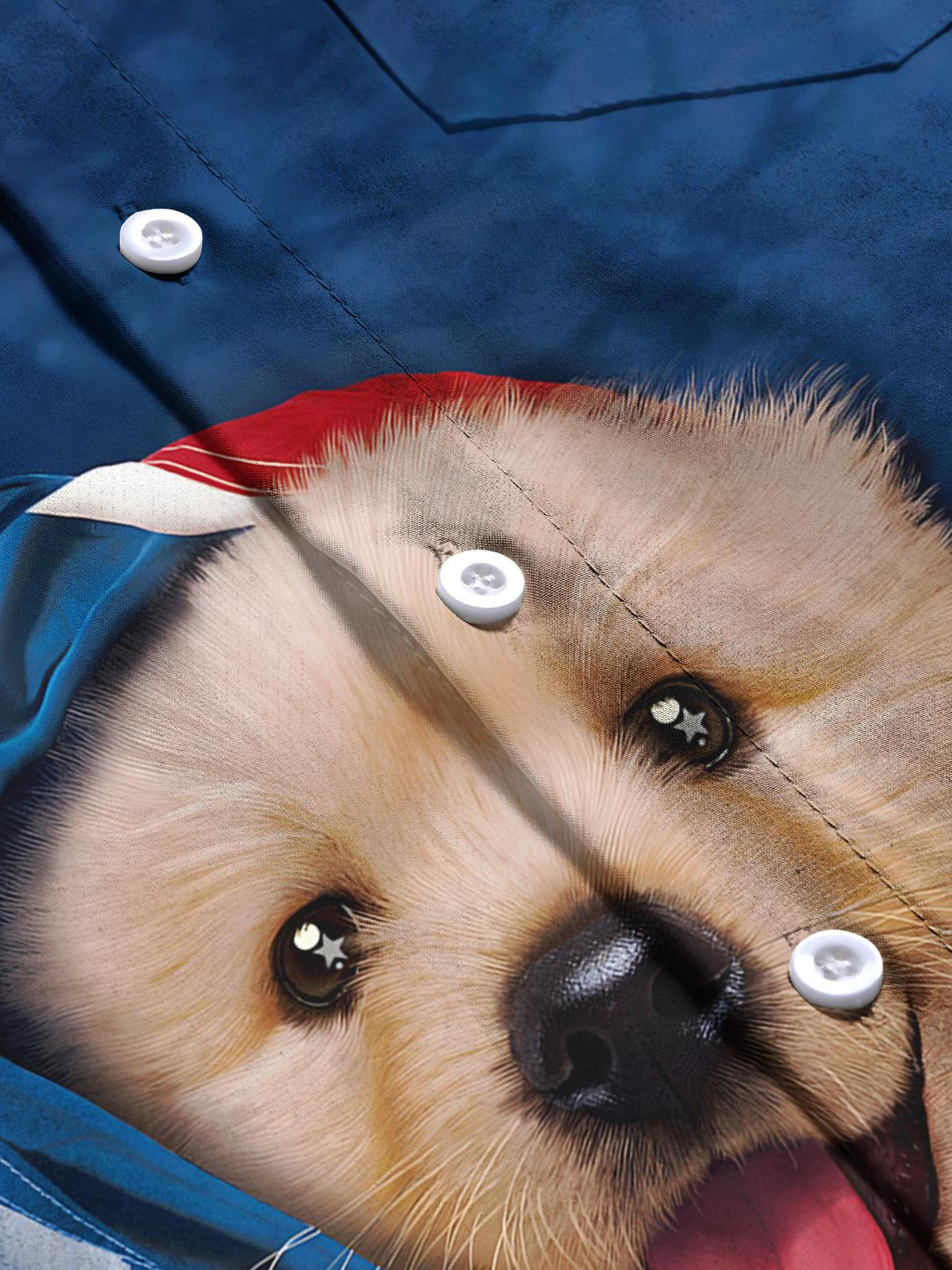 American Flag Puppy Print Men's Pocket Short Sleeve Shirts