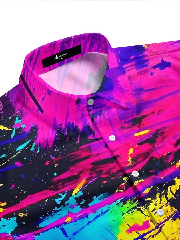 Neon Splash Ink Art Colorful Tie-Dye Men's Pocket Short Sleeve Shirts