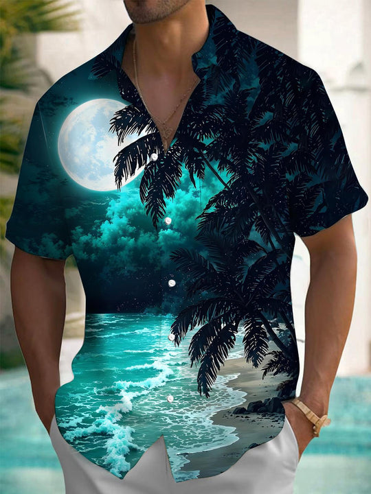 Men's blue beach coconut tree moon print short sleeve shirt front view for beach vacation