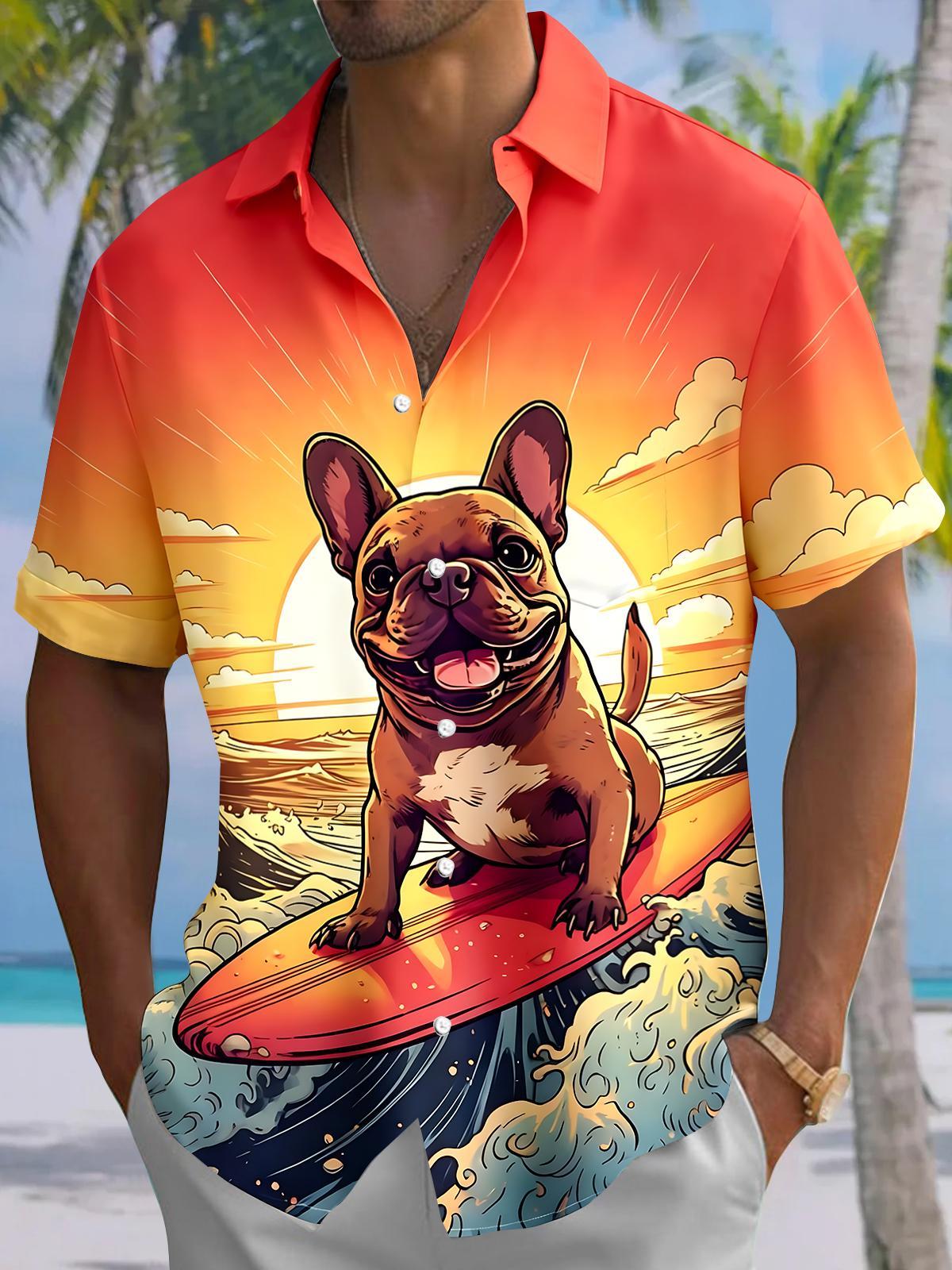 Hawaiian Sunset Dog Surfing Men's Pocket Short Sleeve Shirts