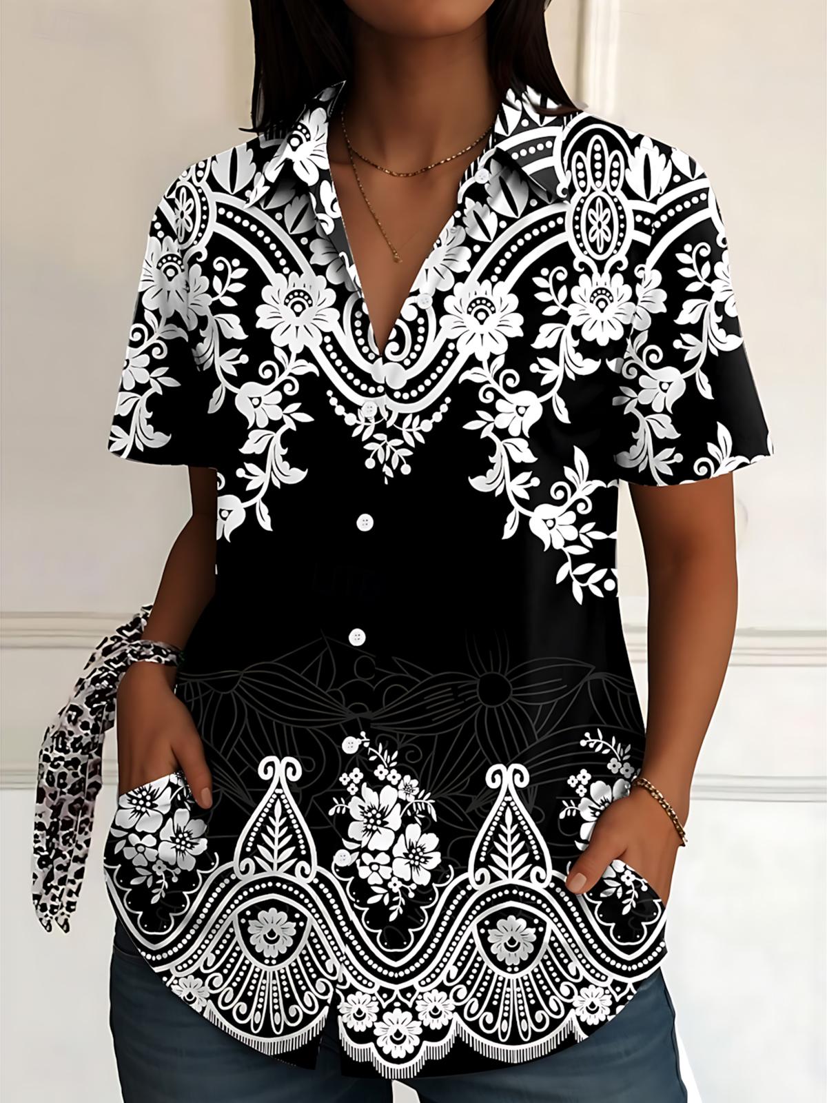 Vintage Floral Print Women's Short Sleeve Shirts