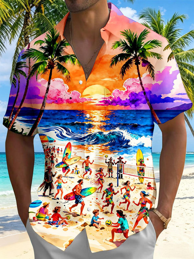 Hawaiian Watercolor Sunset Palm Beach People Surf Men's Pocket Short Sleeve Shirts