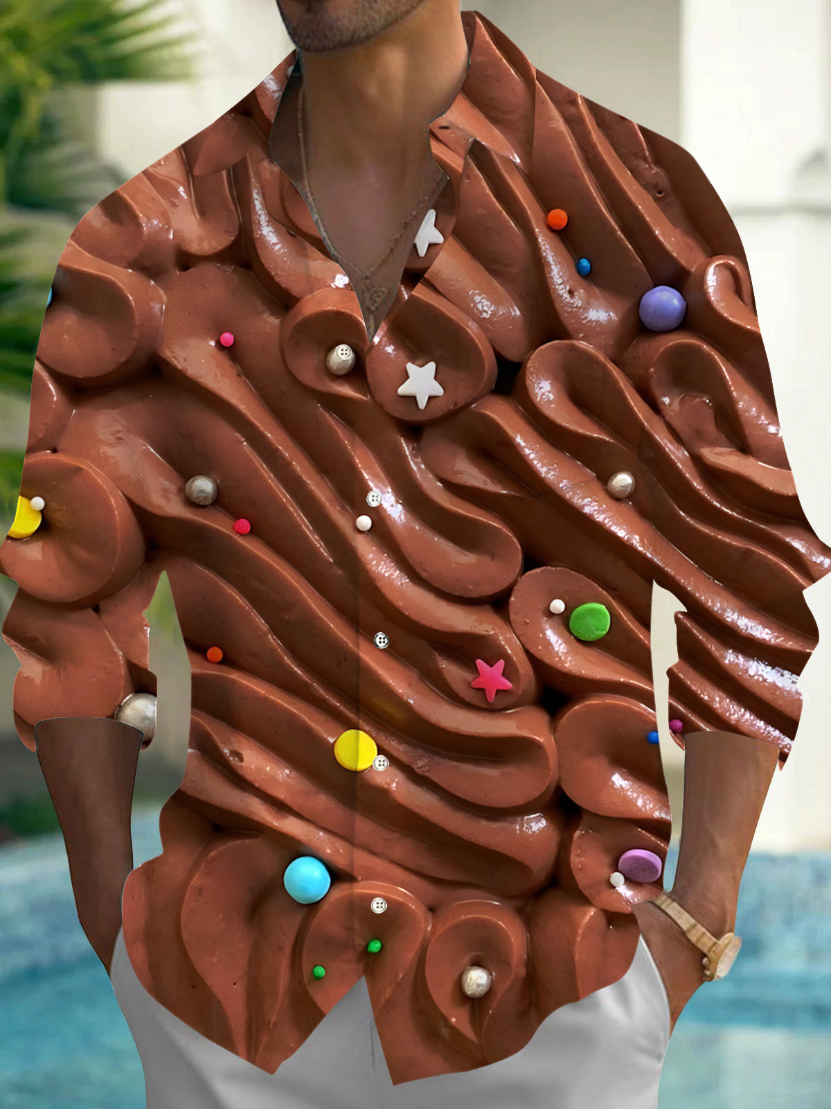 Chocolate Cream Print Men's Pocket Long Sleeve Shirts