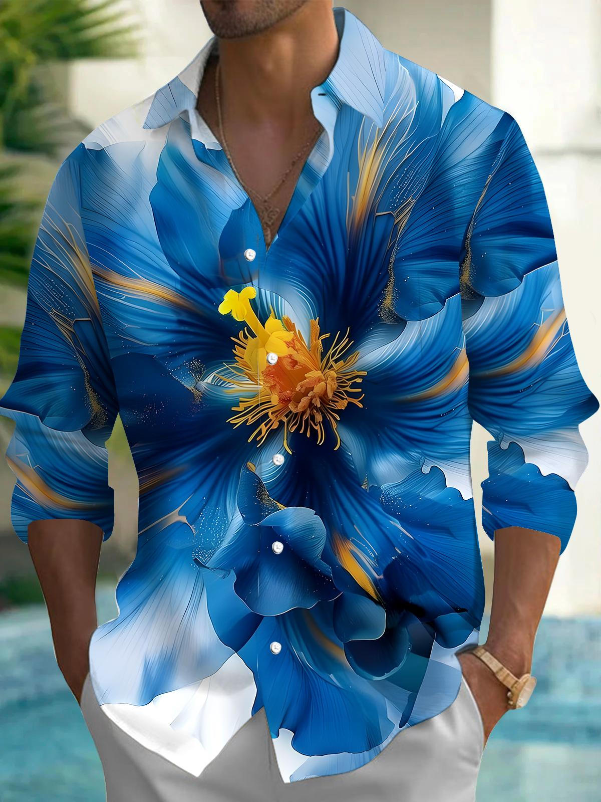 Floral Men's Pocket Long Sleeve Shirts